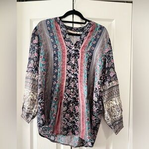 Soft Surroundings 100% Silk Boho Mixed Print Blouse Paisley Floral Button Front